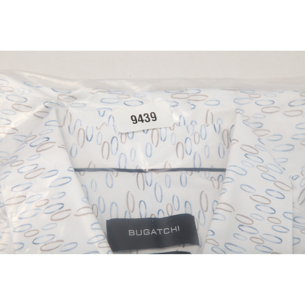 BUGATCHI Men's L White Blue Brown Oval Pattern 8-Way Stretch Short Sleeve Shirt - Picture 12 of 12